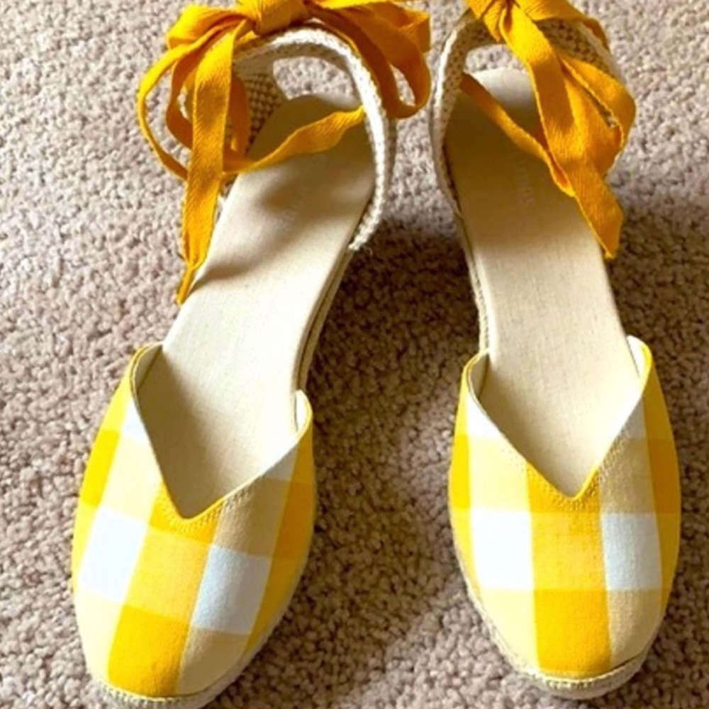 Yellow Gingham Wedge Espadrilles with Ankle Tie